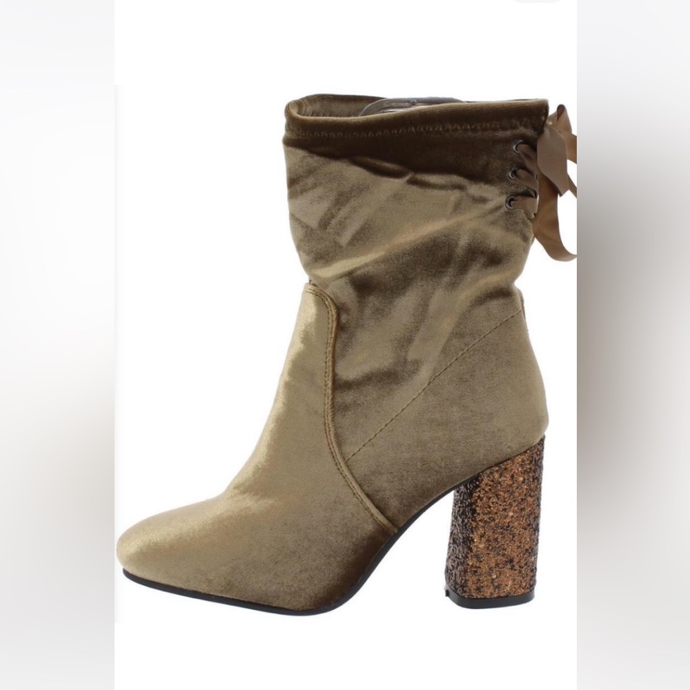 Chocolate Brown Two Tone Velvet Boot w/Studded chunky heel & Silk Bow tie back